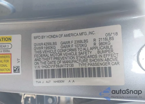 2018 Honda Accord Ex-L from USA, damaged, VIN 1HGCV1F59JA172130